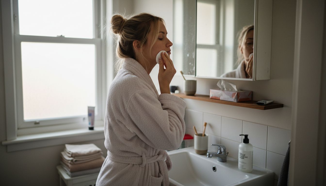 Woman using micellar water at bathroom sink