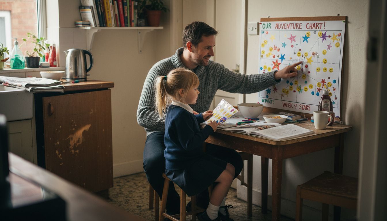 Father and child using home rewards chart