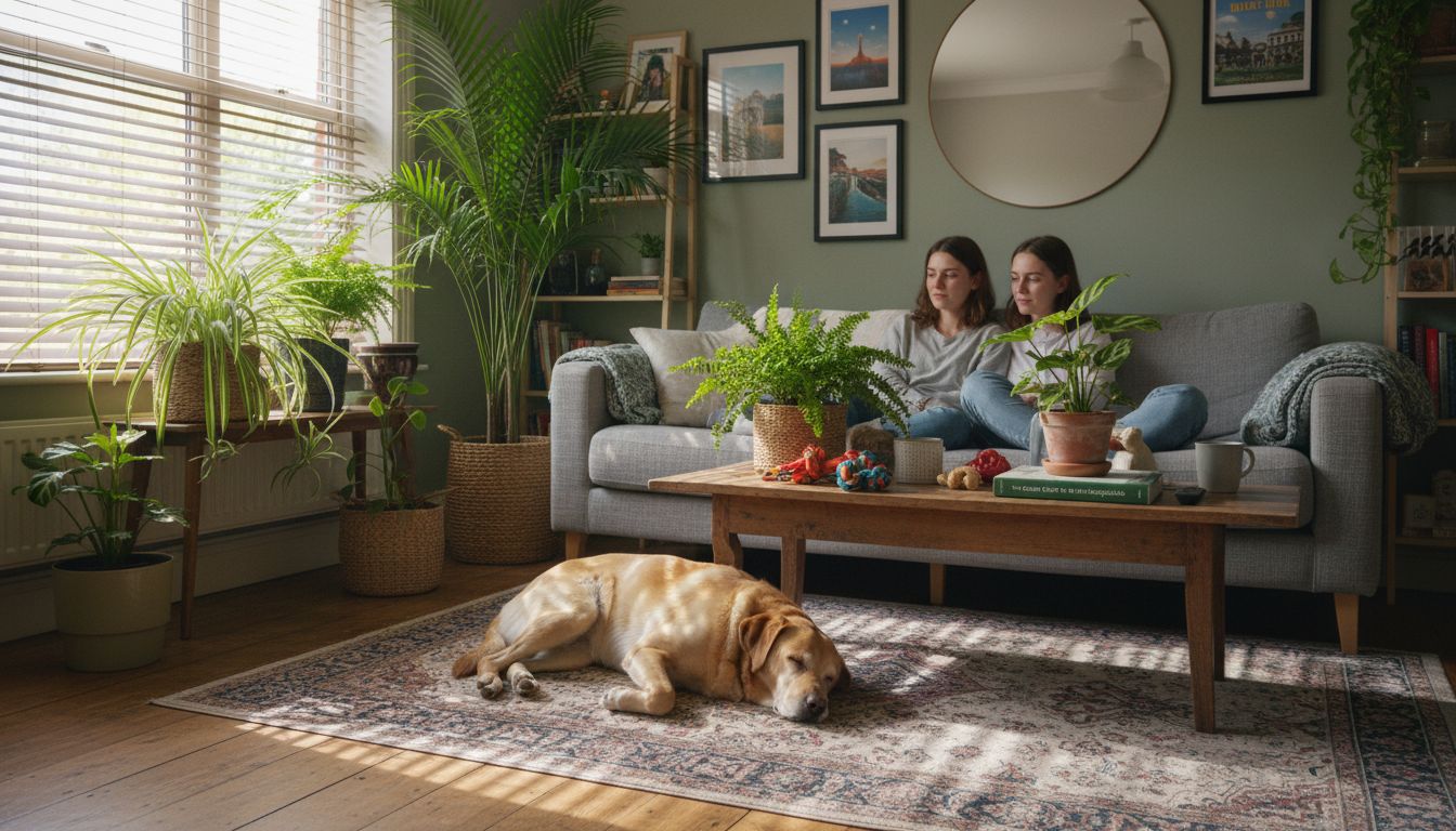 Pet-friendly plants in cozy living room with dog