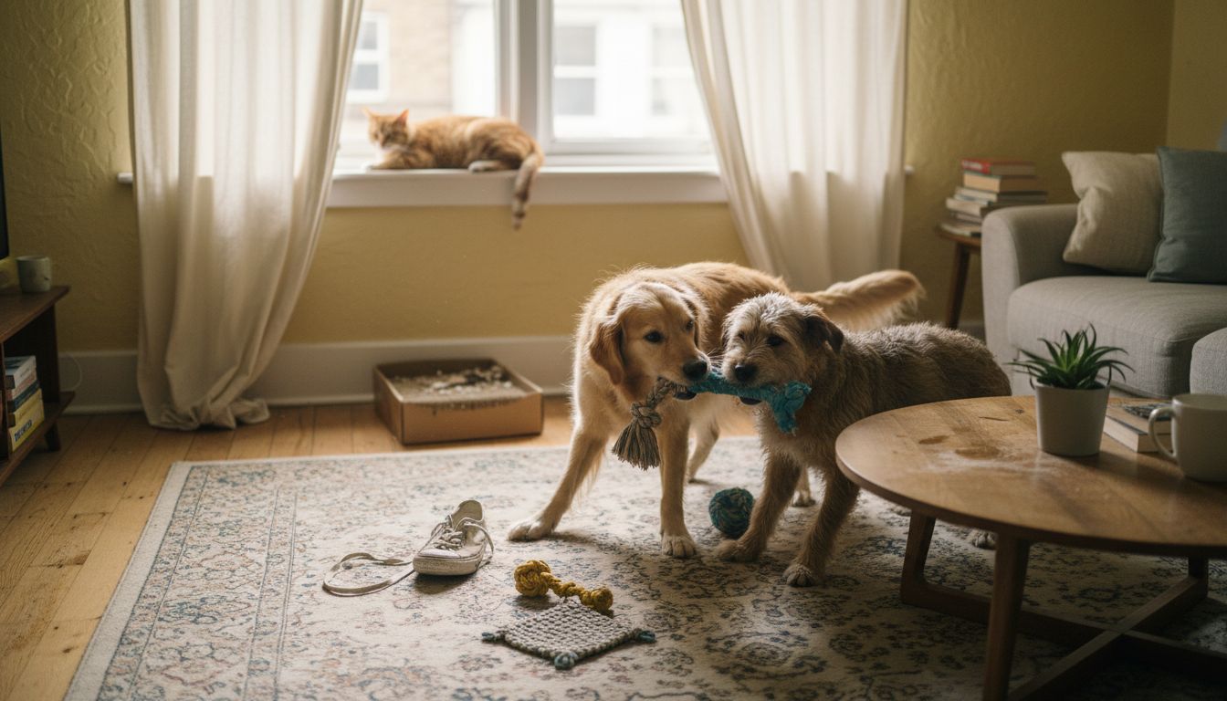 Dogs and cat with eco-friendly toys in sunlit room