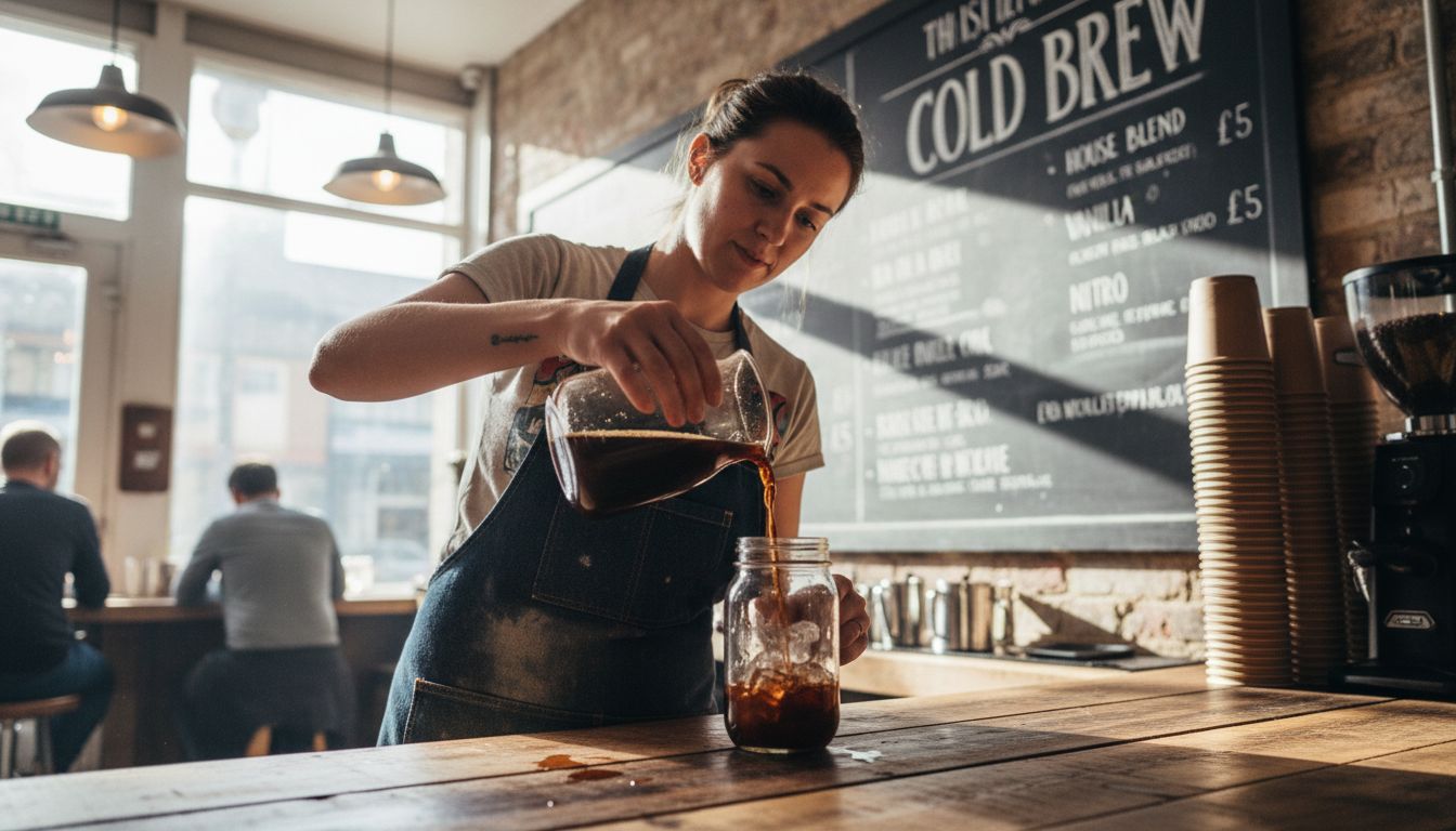 Barista pouring cold brew at café counter