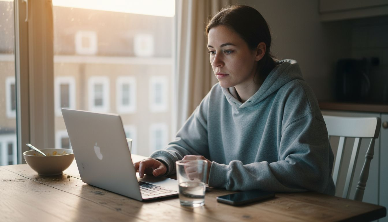 Woman working at laptop in sunlight