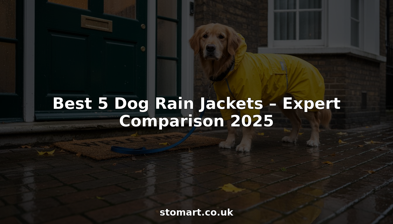 Dog in yellow rain jacket on rainy London street
