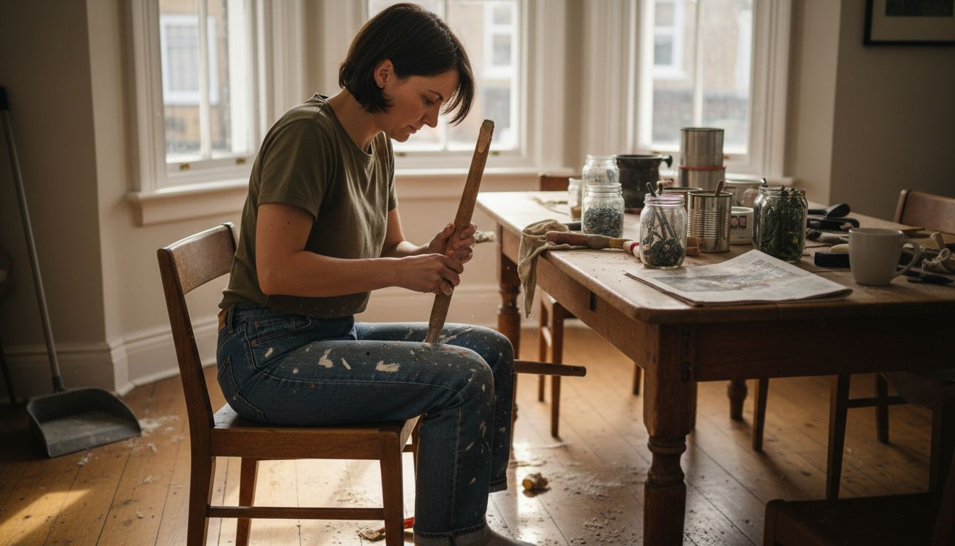 Woman upcycling chair in sunlit dining room
