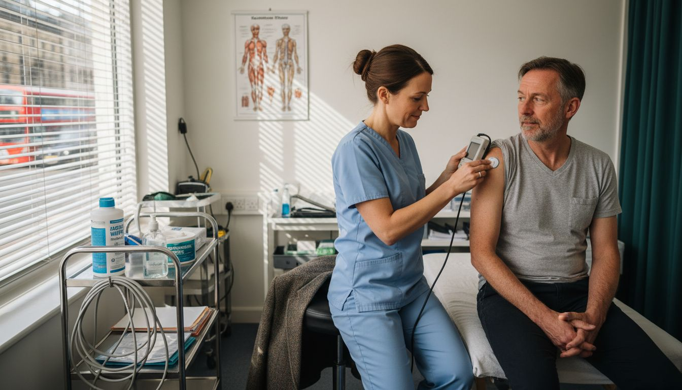 Therapist setting up microcurrent therapy in clinic