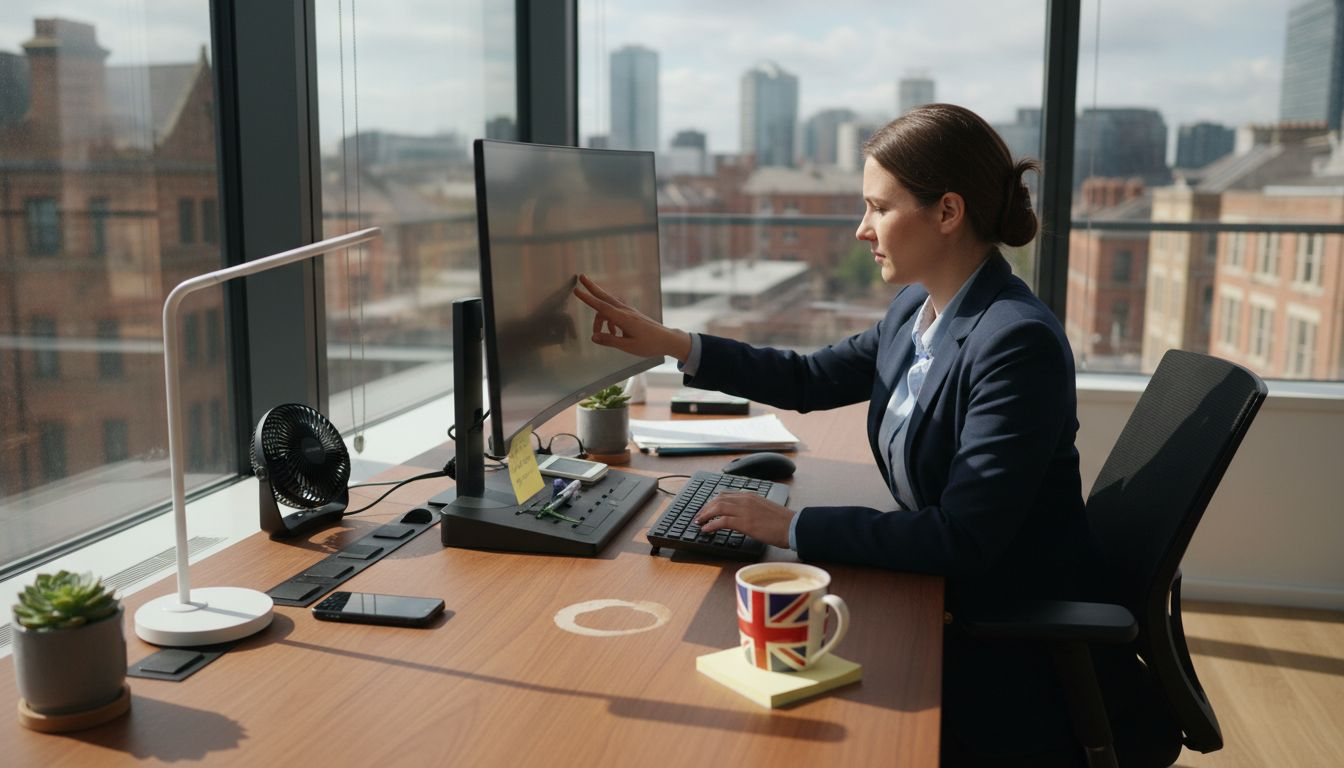 Office worker using clever desk gadgets at workstation