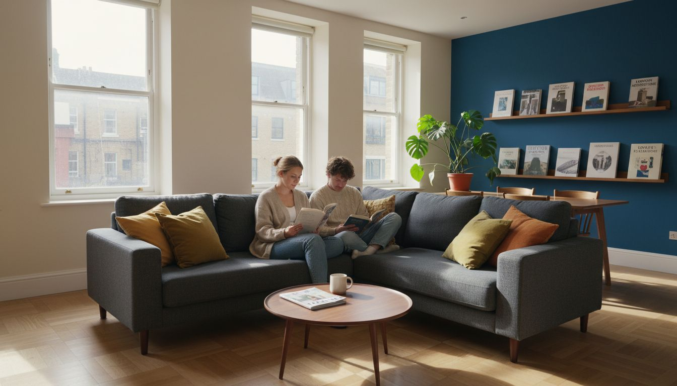 Couple in modern living room with accent colours