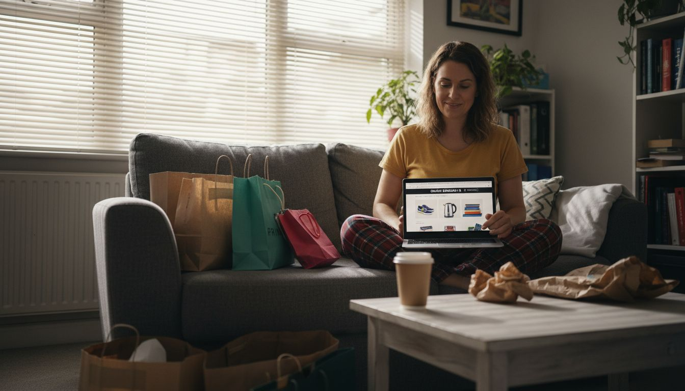 Woman shopping online for essentials at home