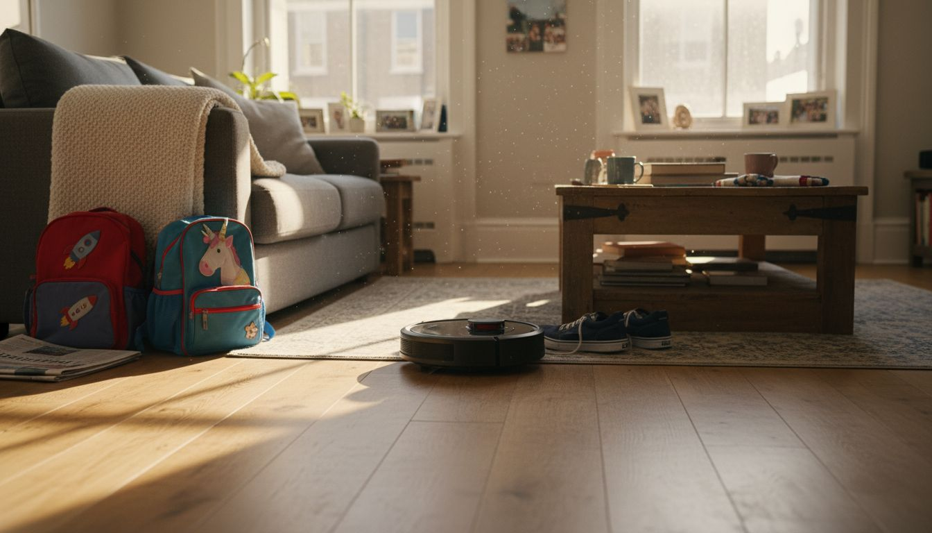Robot vacuum in busy family living room