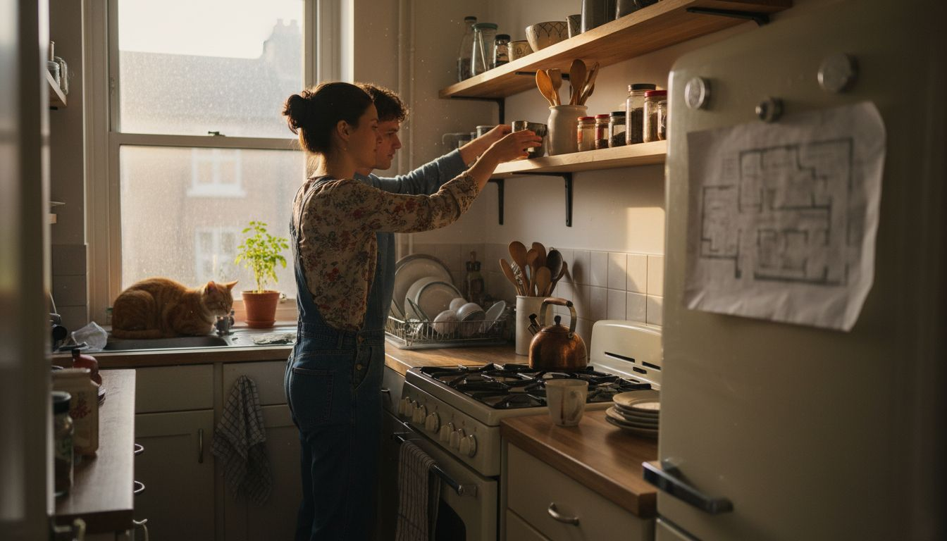 Couple organising small apartment kitchen shelves