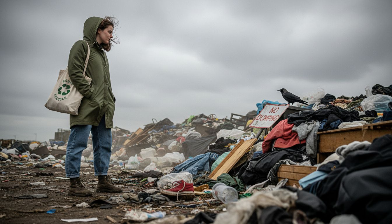 Woman standing by landfill with discarded clothes