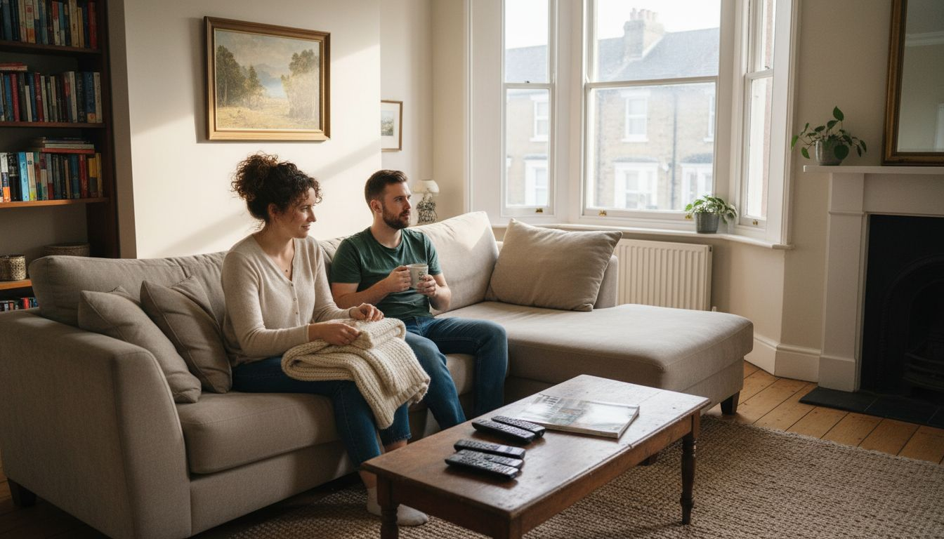 Couple relaxing in an organized living room