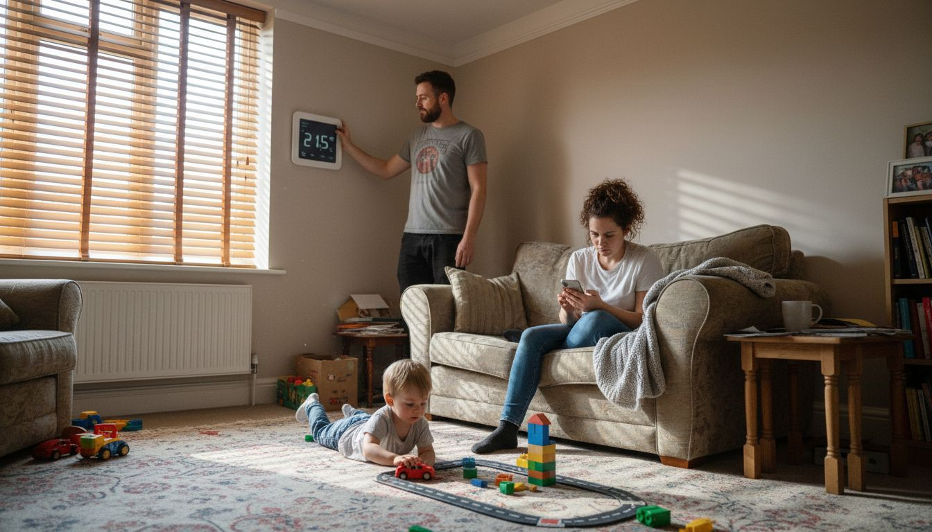 Family using smart home devices in living room