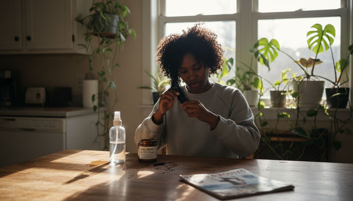 Woman caring for natural curls at kitchen table