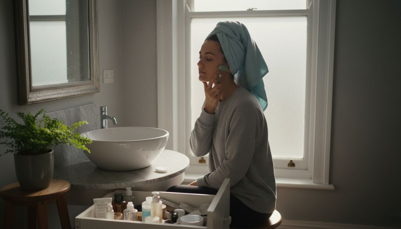Woman rolling jade facial roller on cheek