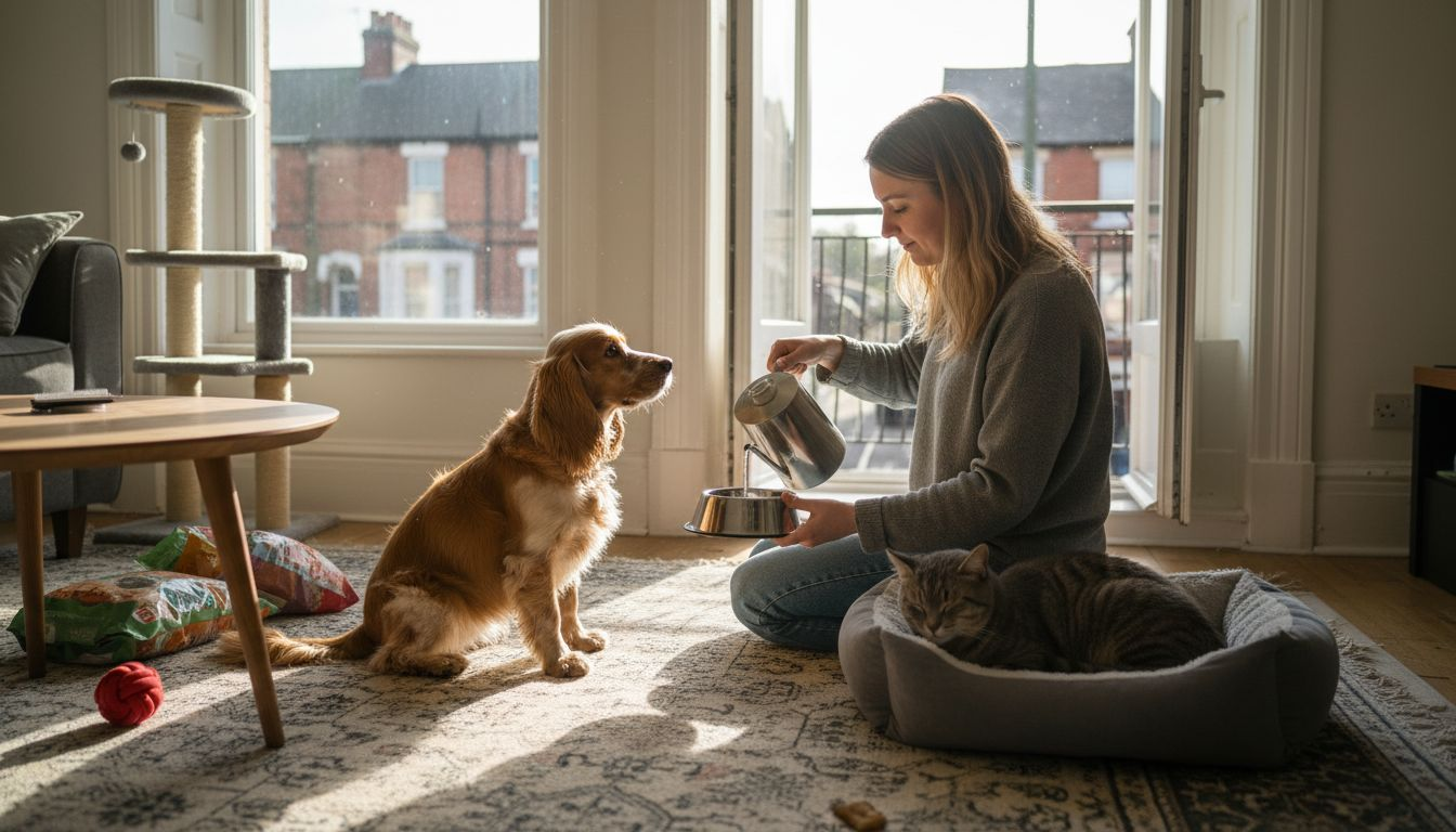 Woman tending to daily pet care tasks at home