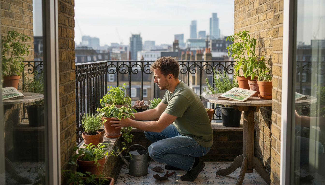 Urban balcony garden setup with young man