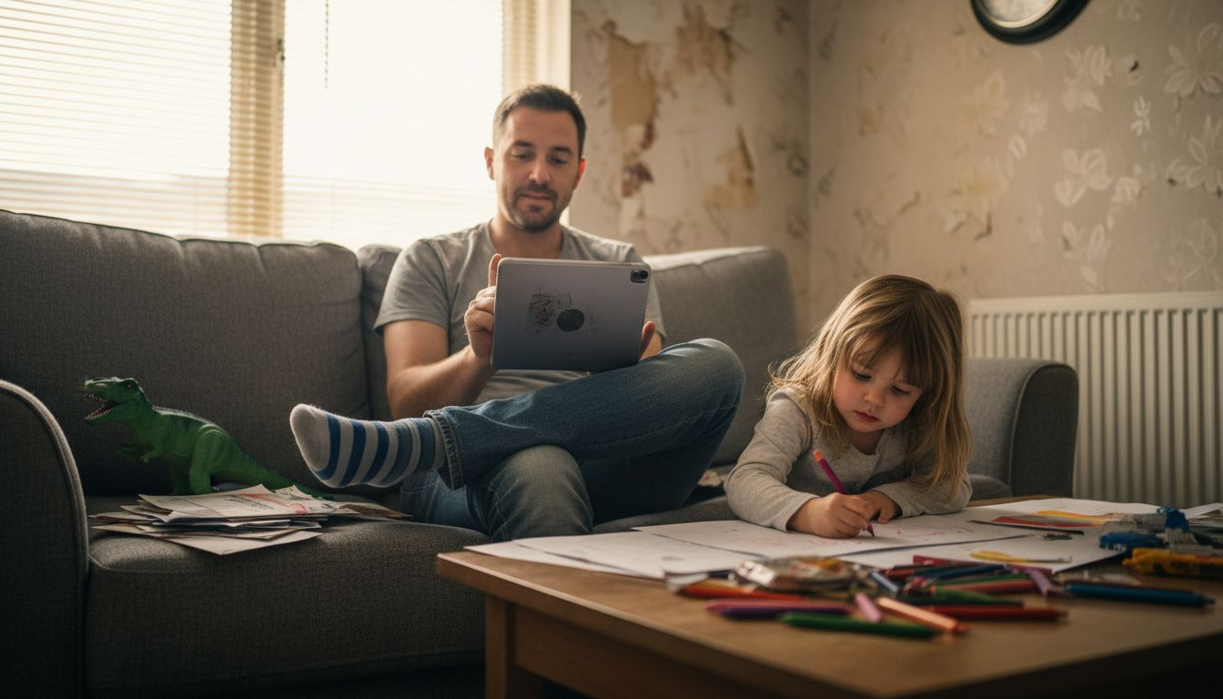 Parent helping child with tablet at home