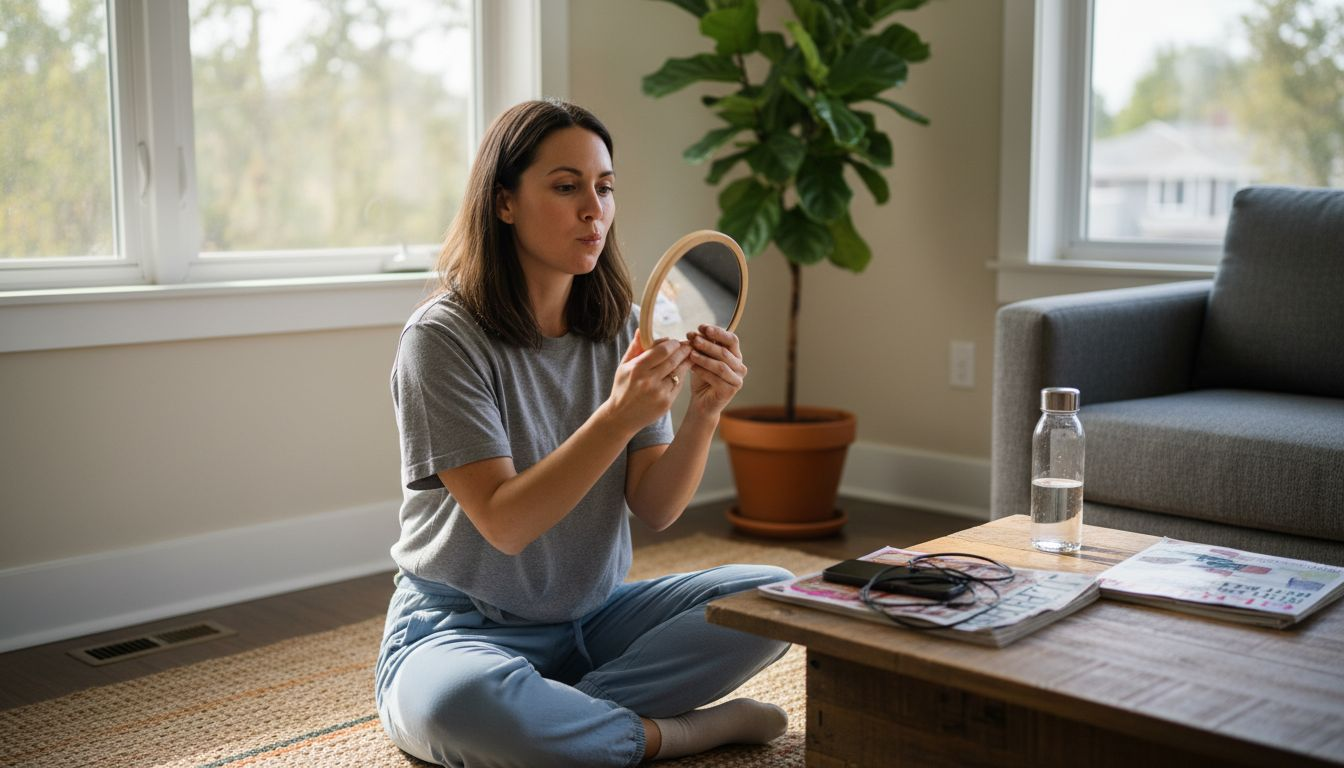 Woman practicing gentle face yoga at home