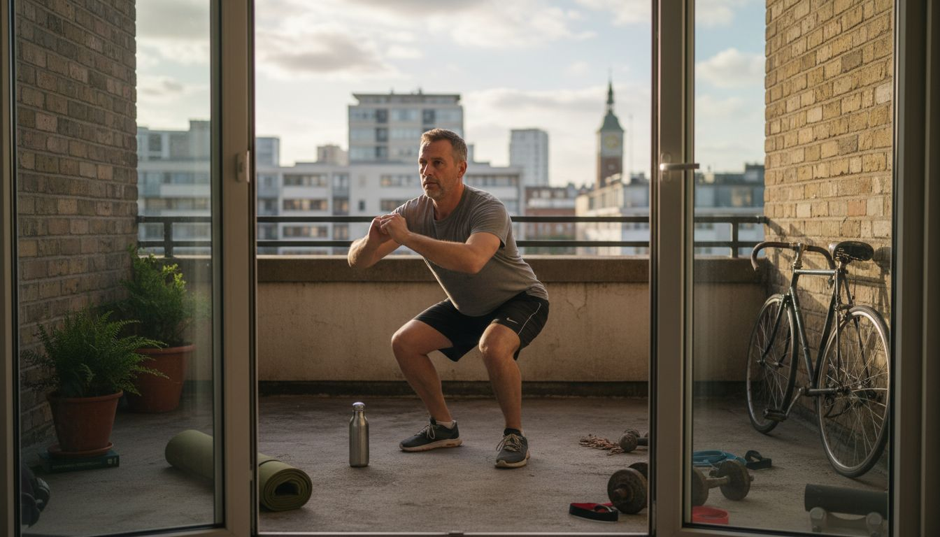 Man doing morning squats in city apartment