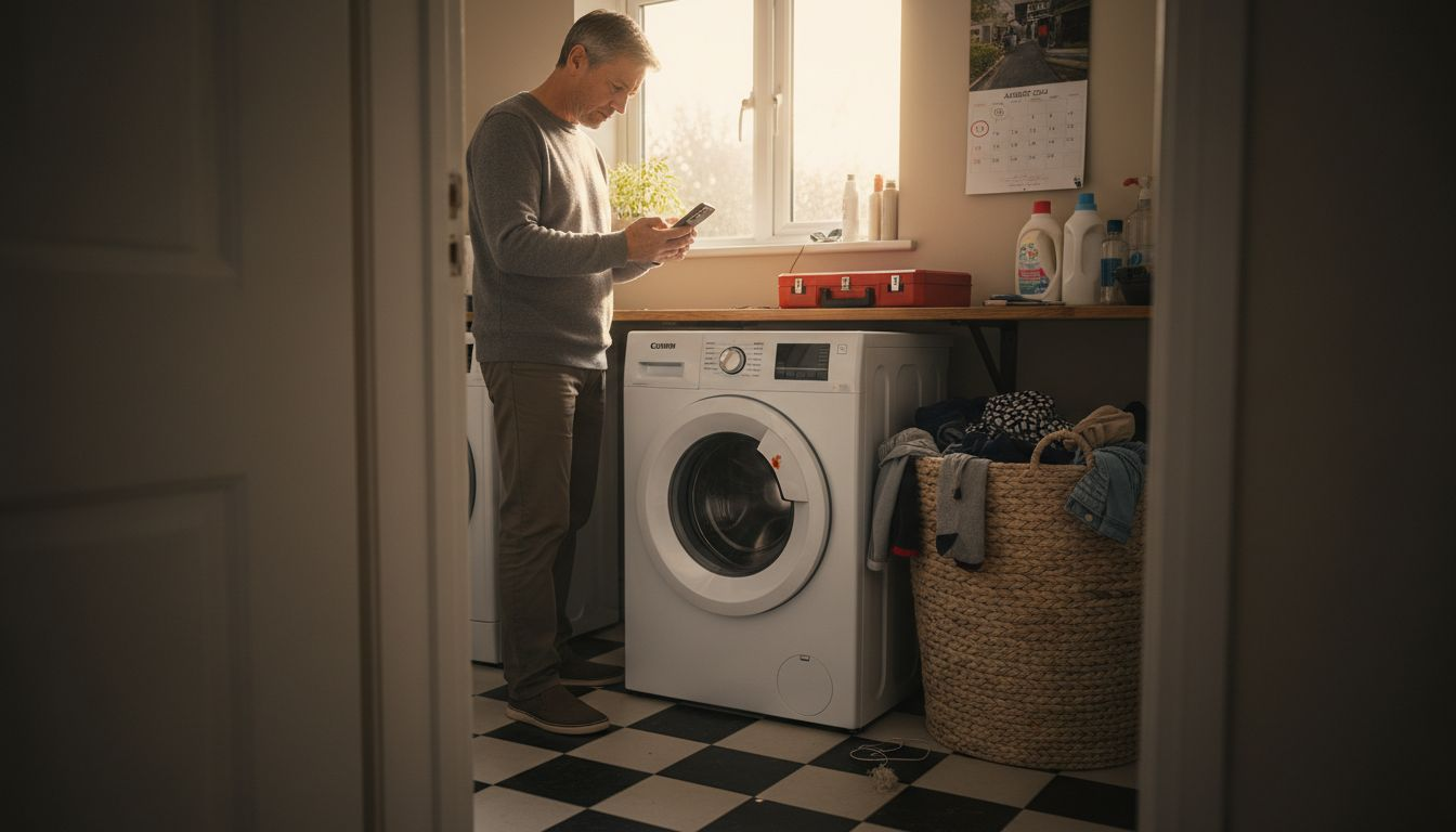 Homeowner checks predictive maintenance alert in utility room