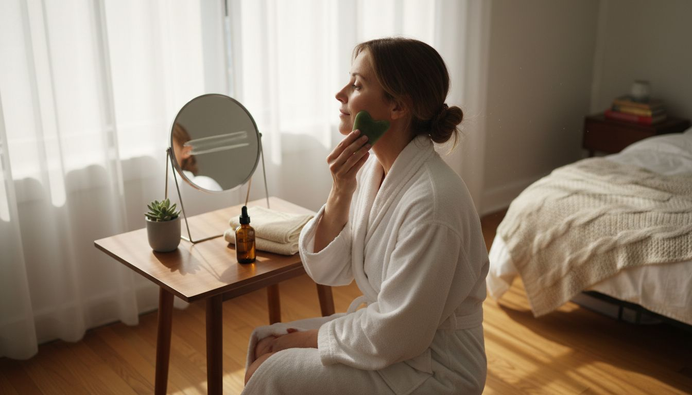 Woman using jade gua sha tool at vanity
