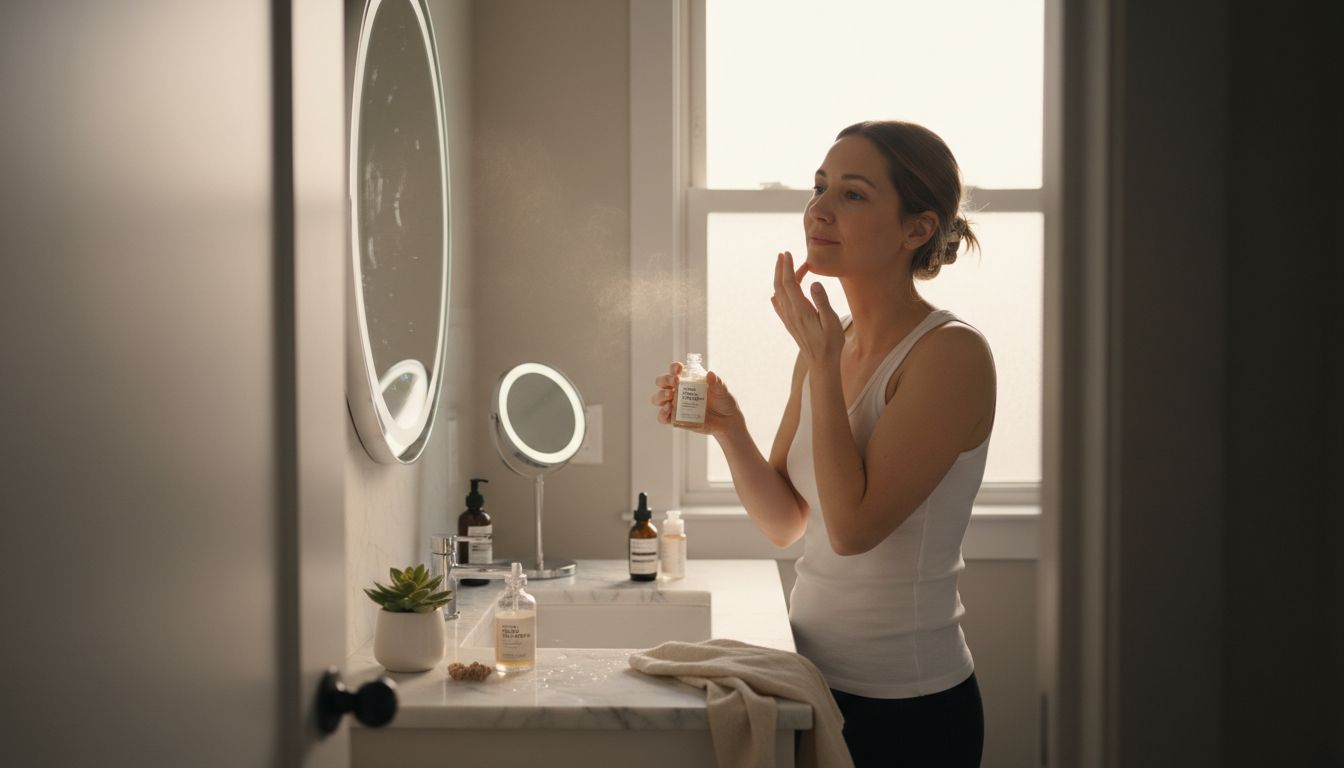 Woman applying peptide serum in bathroom