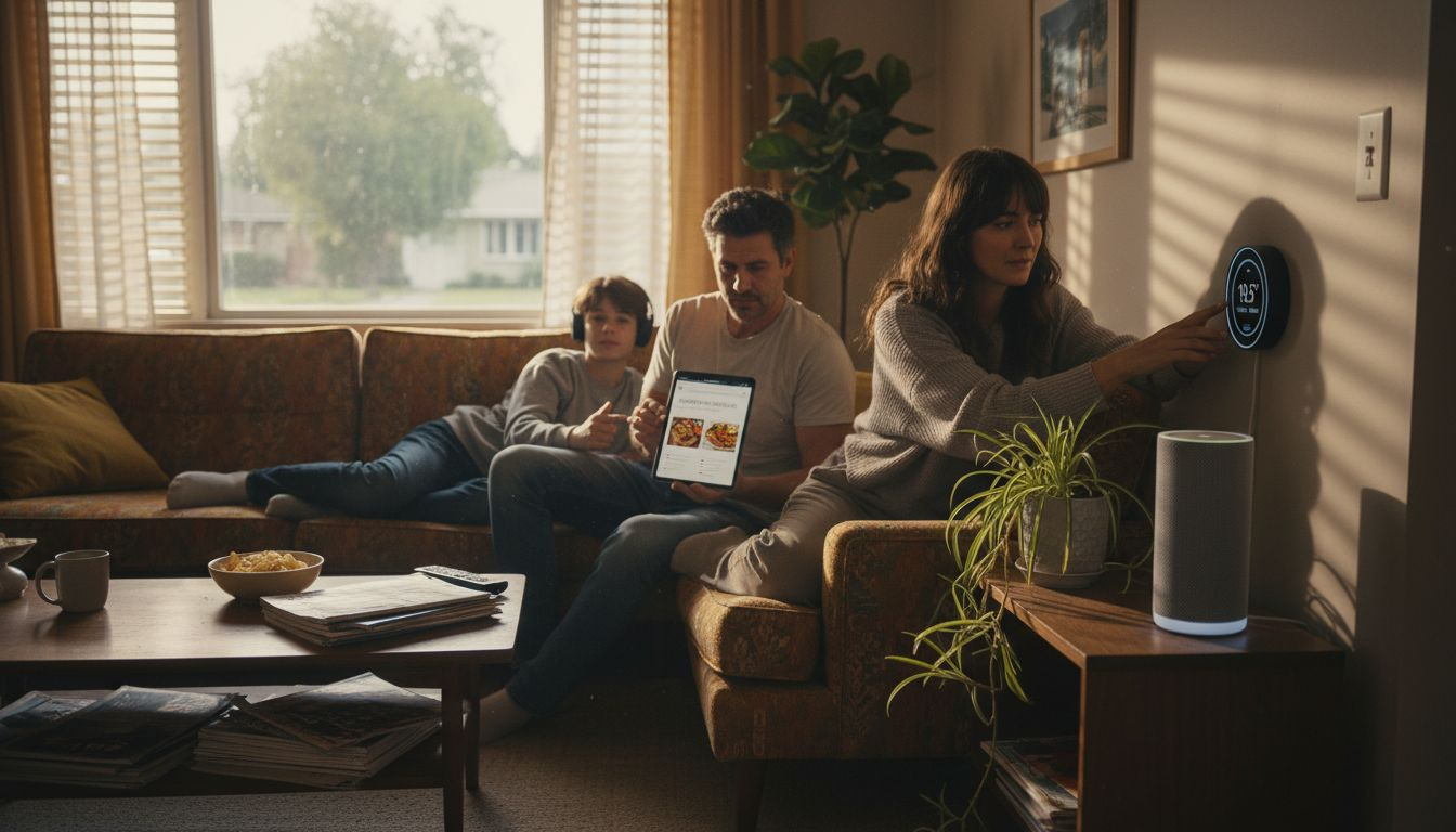 Family interacting with smart devices at home