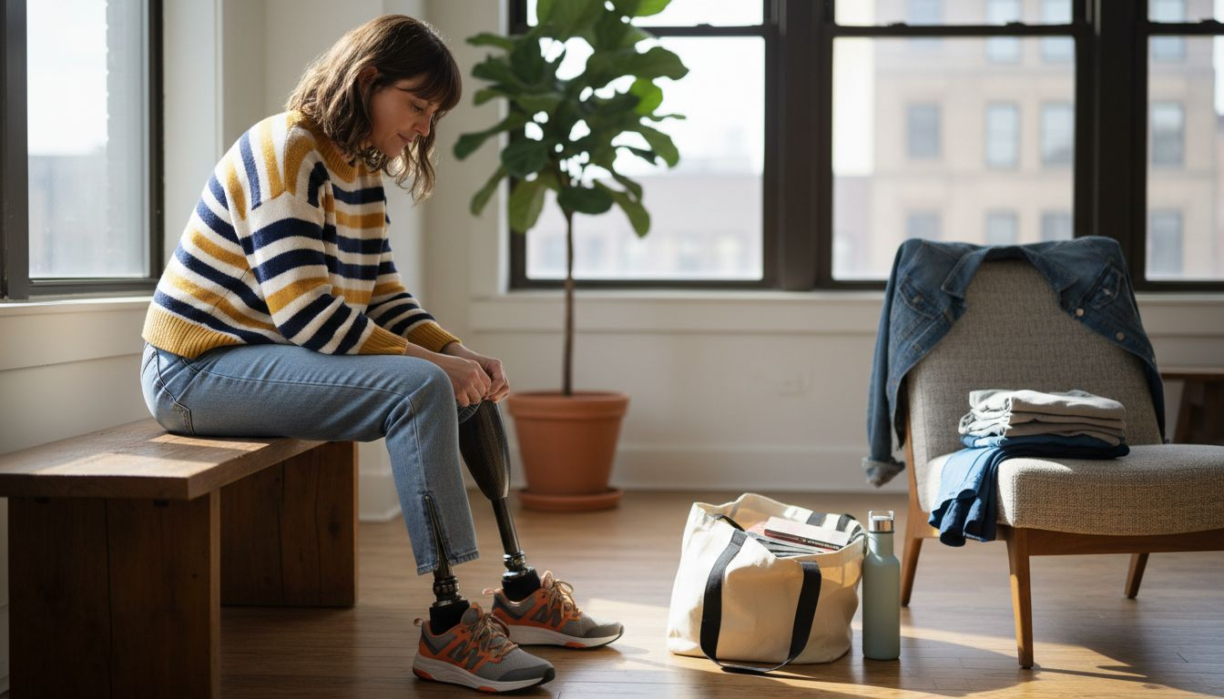 Woman with prosthetic leg preparing adaptive clothing
