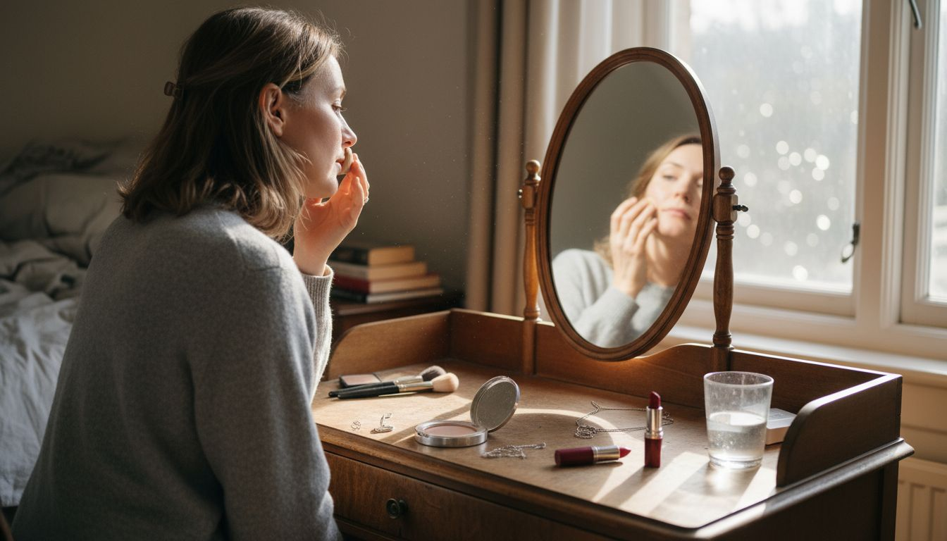 Woman applying makeup at vanity with morning light