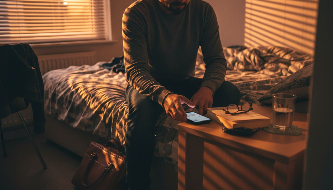 Professional winding down for sleep in city bedroom