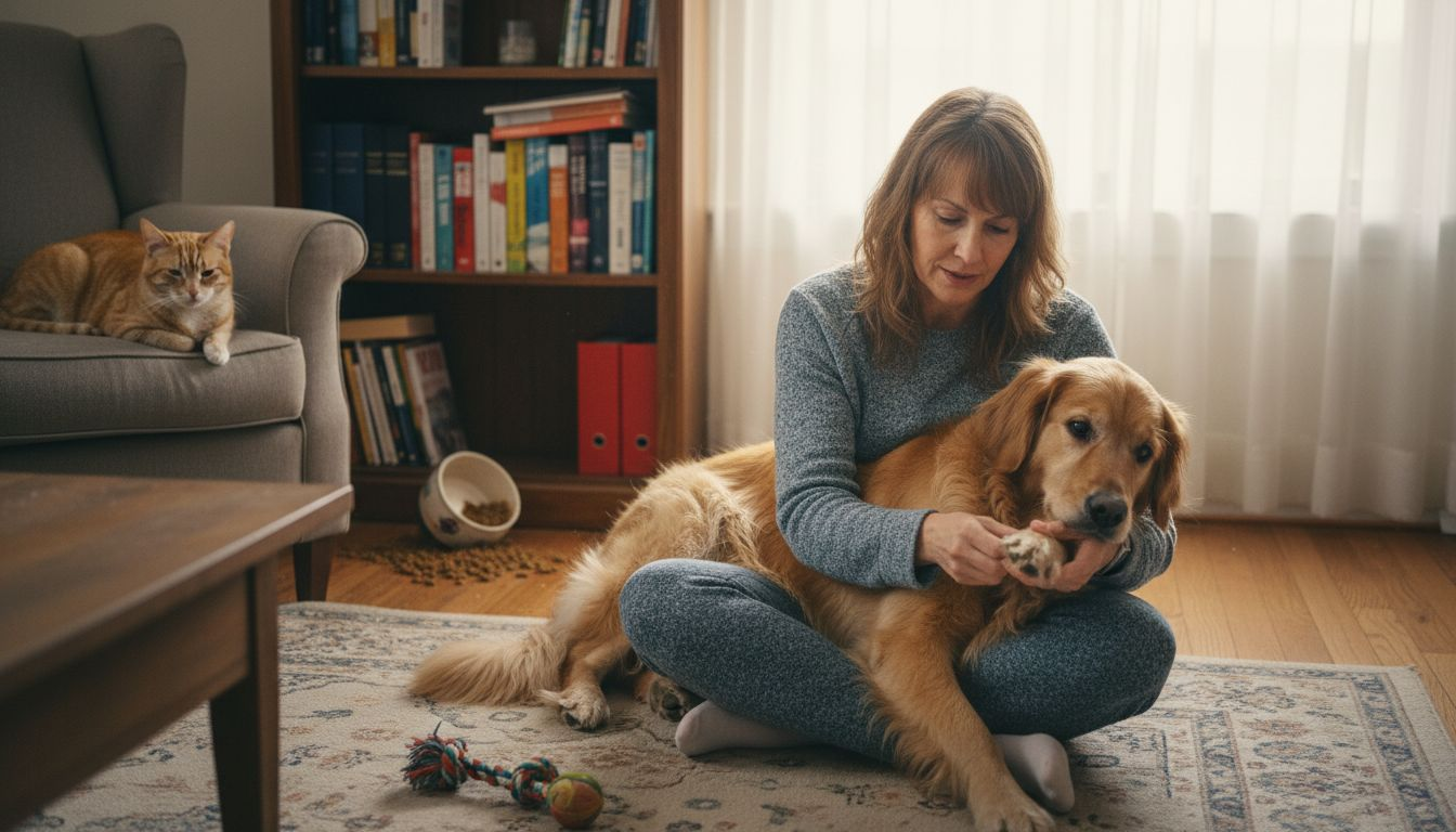 Owner examining pets for health issues at home