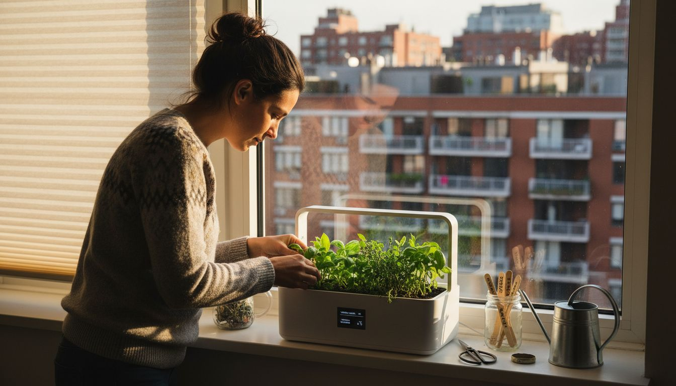 Woman checks smart garden in city flat