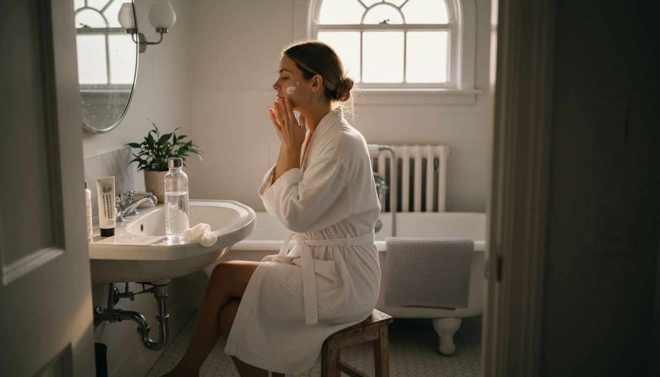 Urban woman doing morning beauty routine in city bathroom
