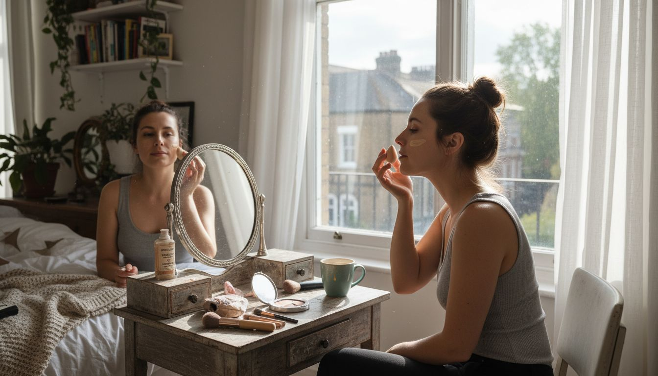 Woman applying BB cream at bedroom vanity