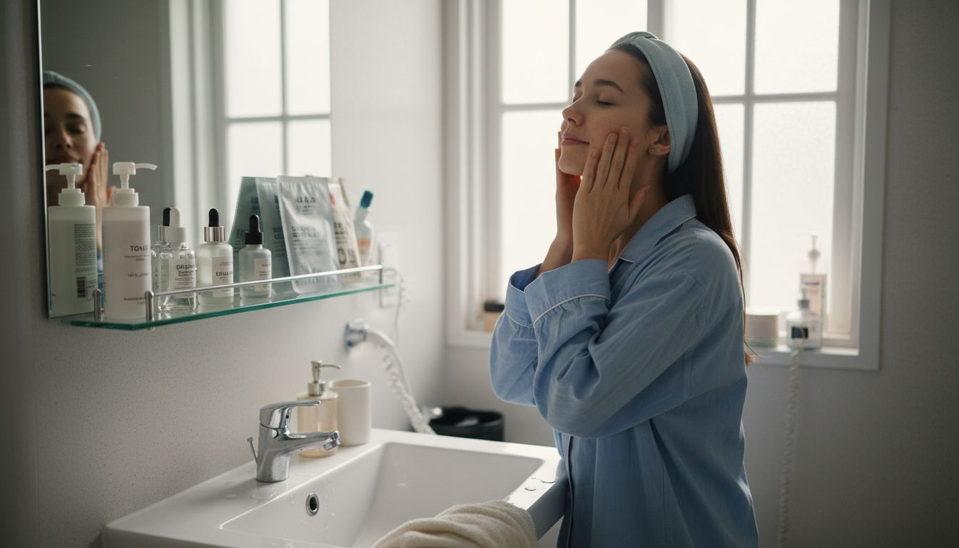 Woman applies Korean skincare in bathroom