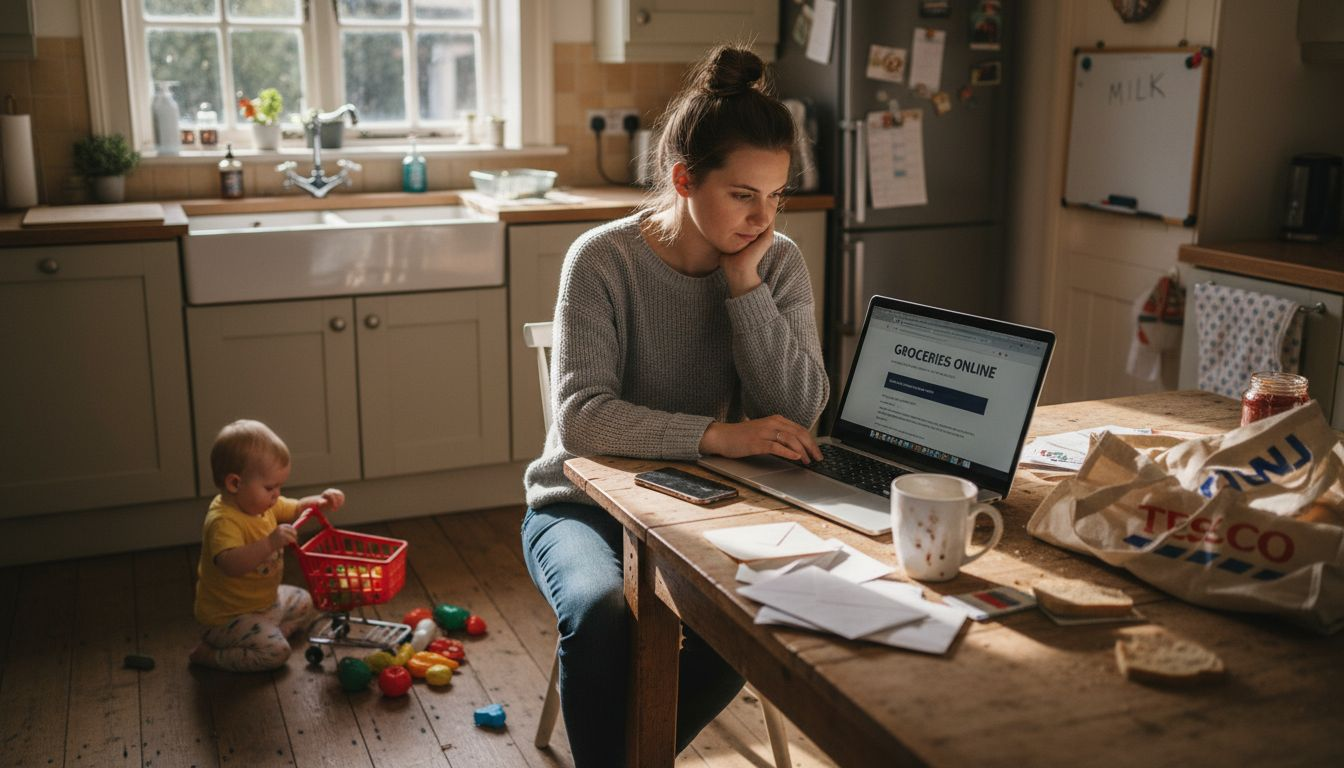 Young mum shopping online for groceries