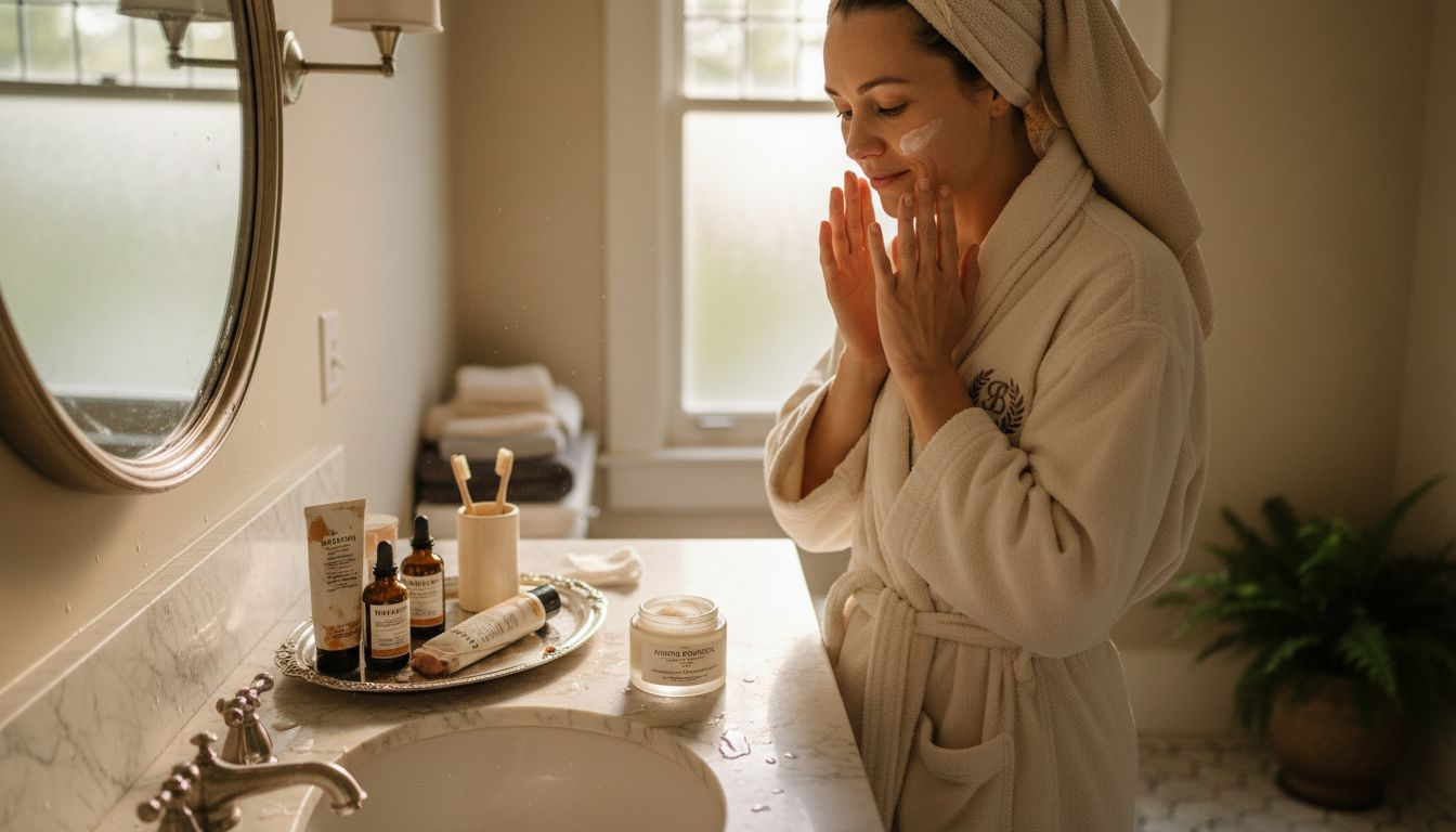 Woman applying organic face cream in bathroom