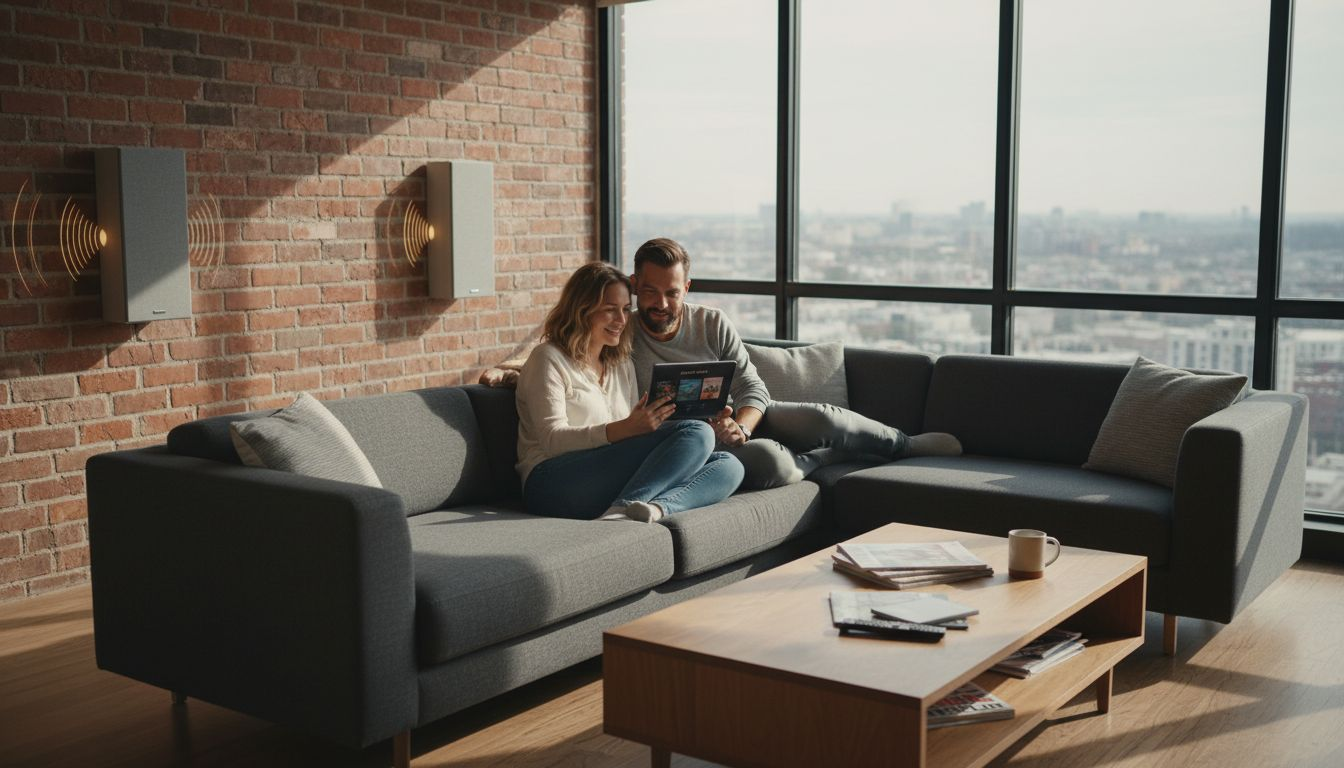 Couple enjoying multiroom audio system