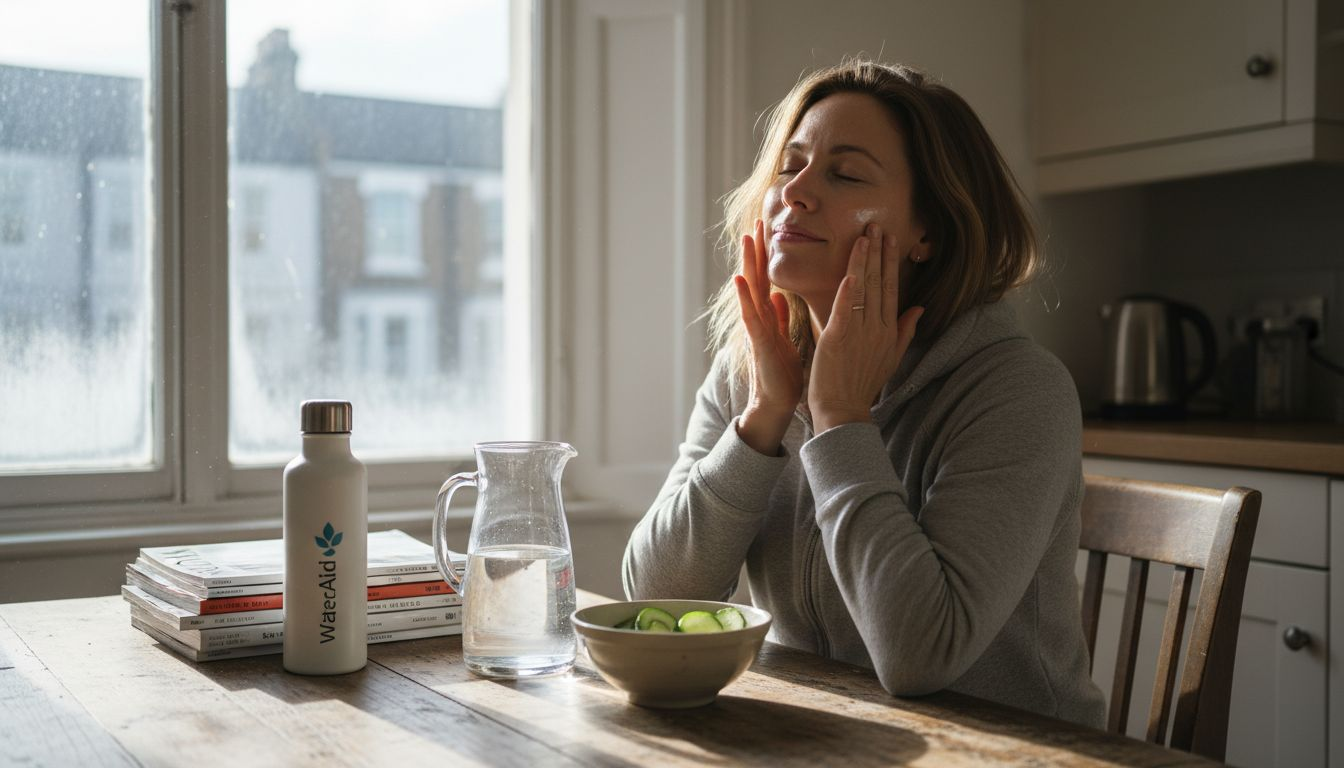 Woman hydrating skin at London kitchen table