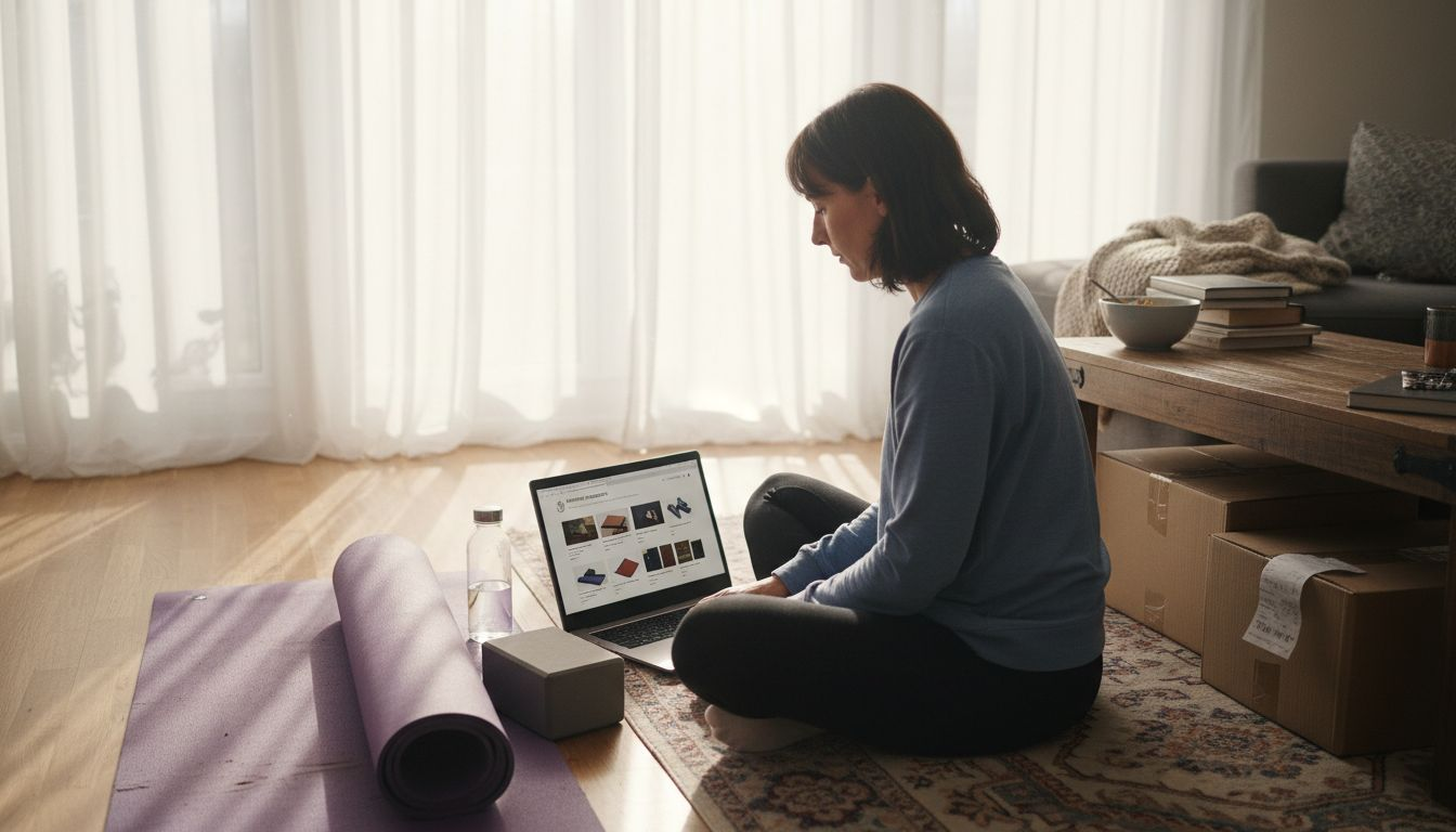 Woman shopping online for yoga mat at home