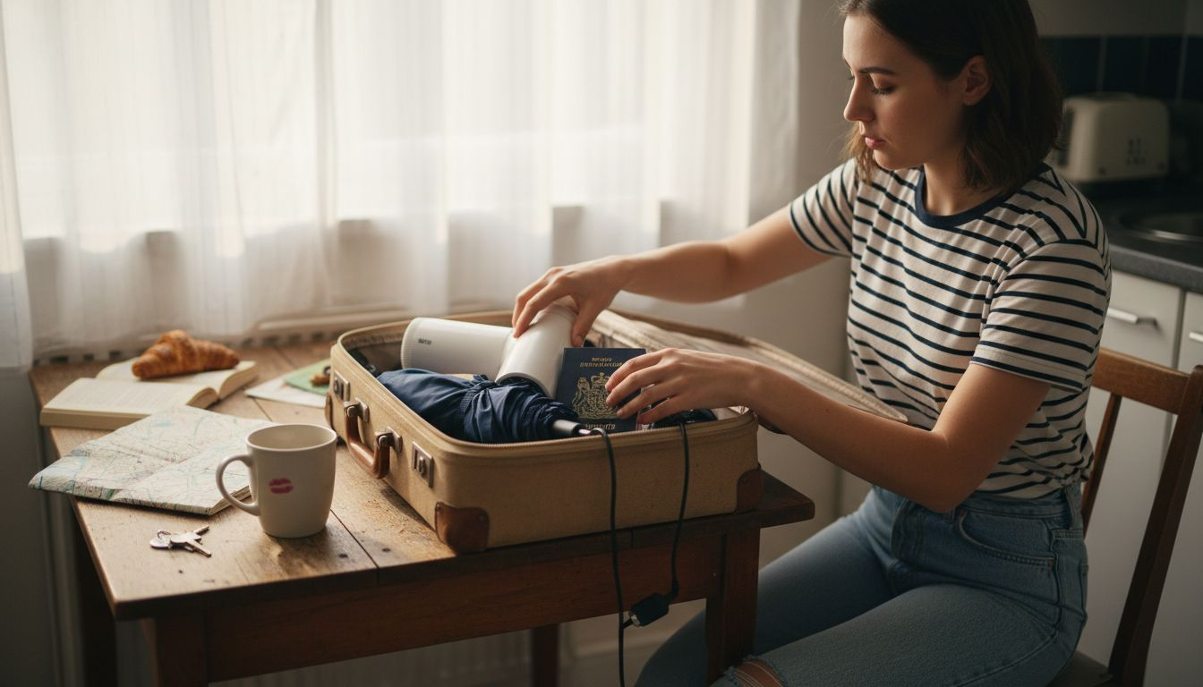 Woman packing compact hair dryer for travel
