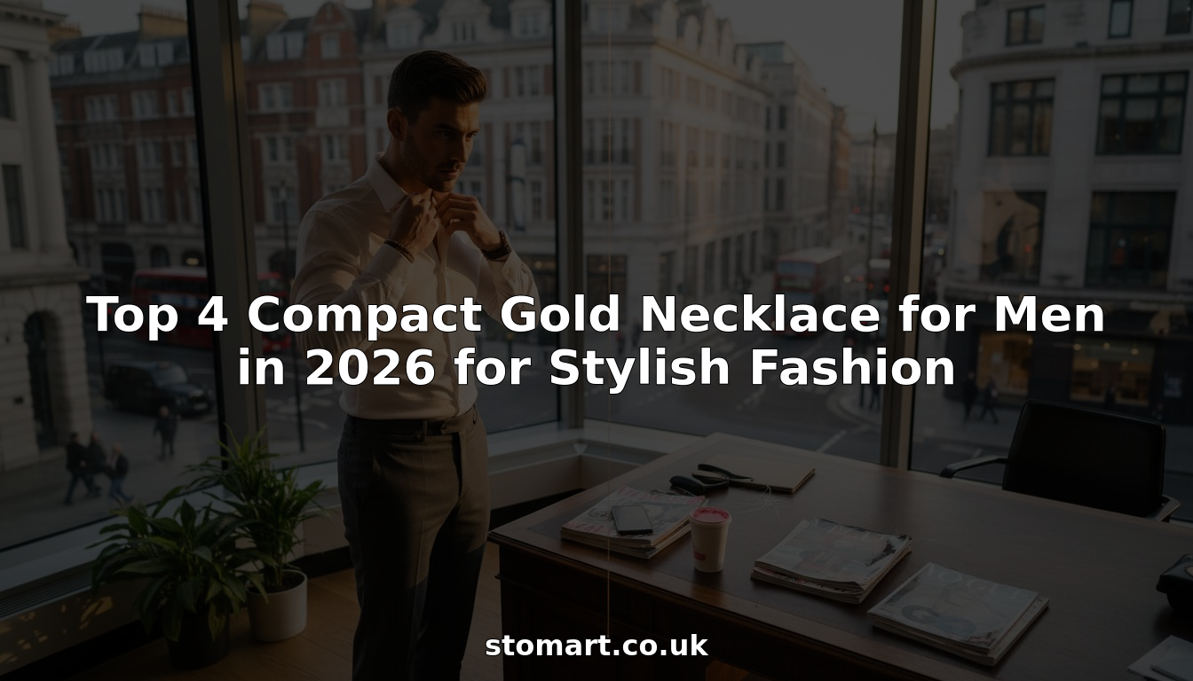 Fashionable man adjusts gold necklace in city office