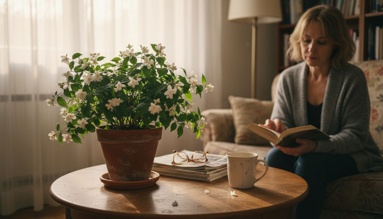 Jasmine plant indoors on coffee table in living room