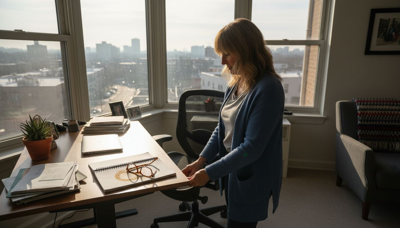 Woman adjusting ergonomic chair in bright home office