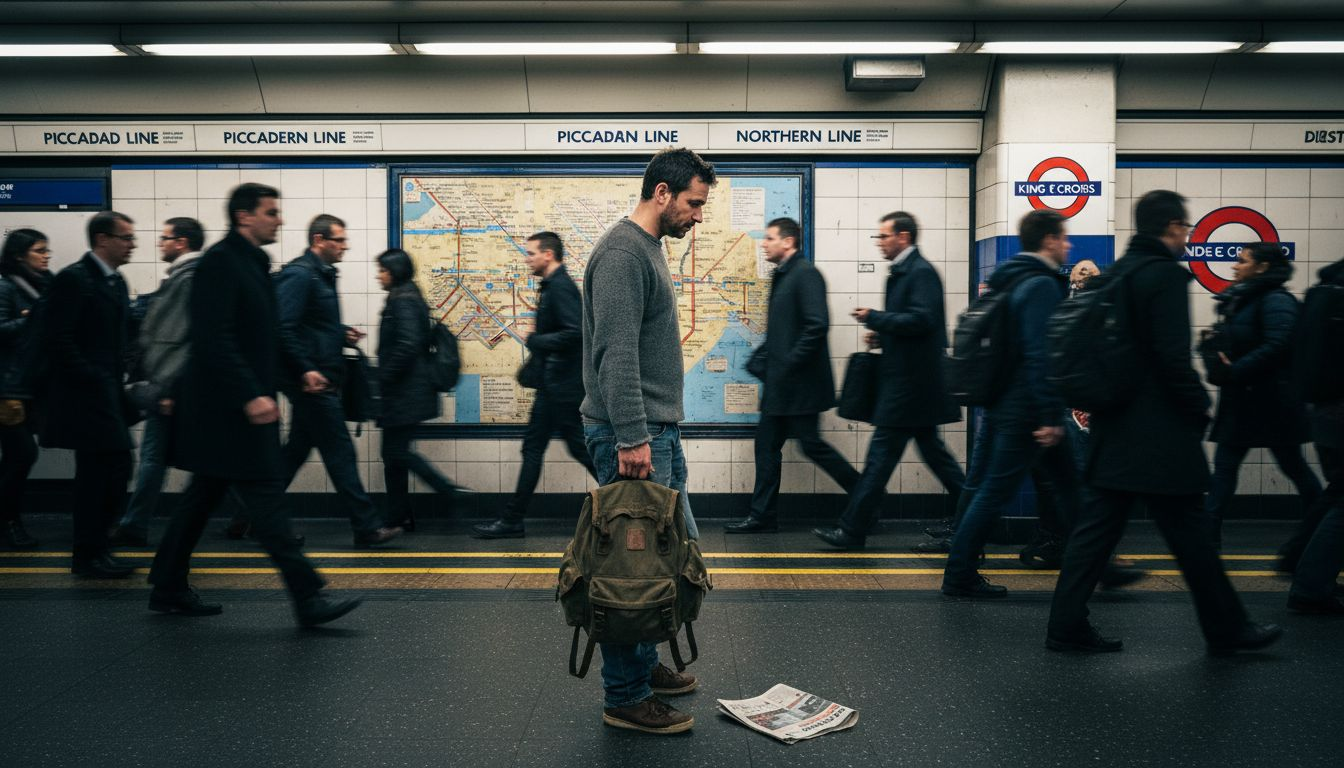 Commuter isolated in busy city morning