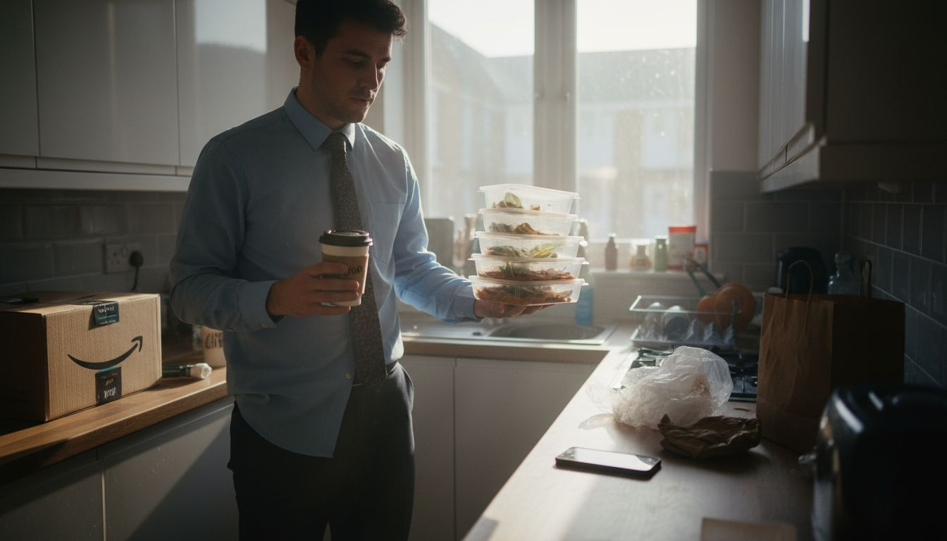 Urban consumer surrounded by convenience waste