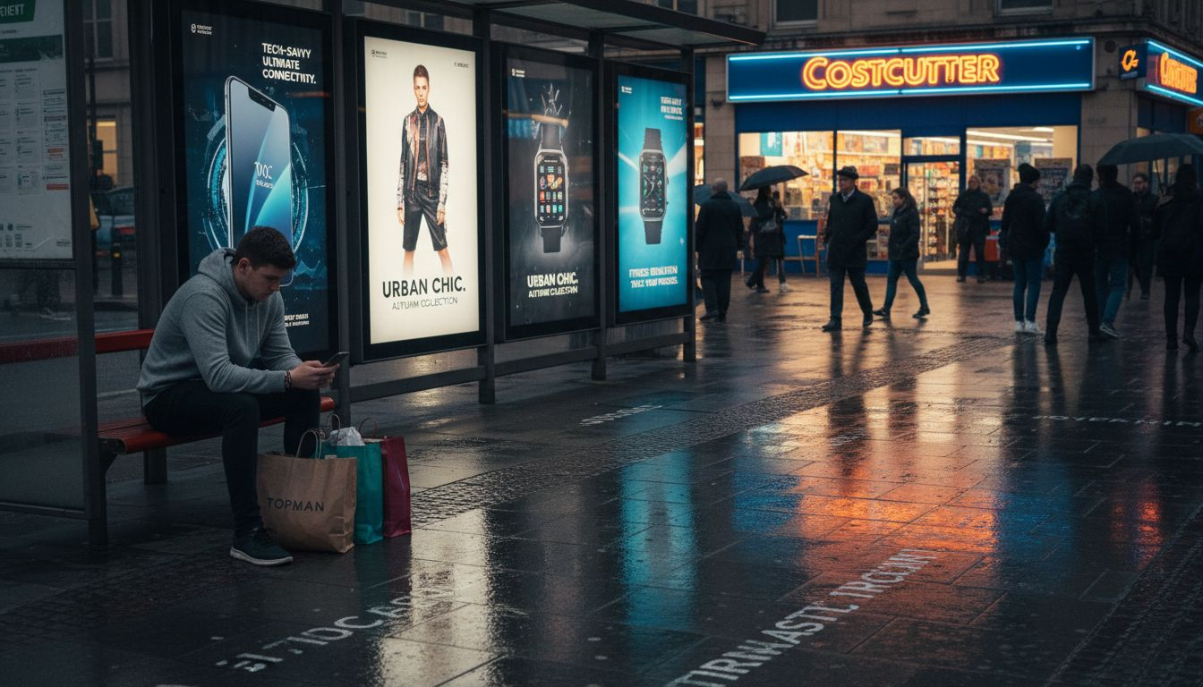 Unfulfilled shopper waiting near busy ads