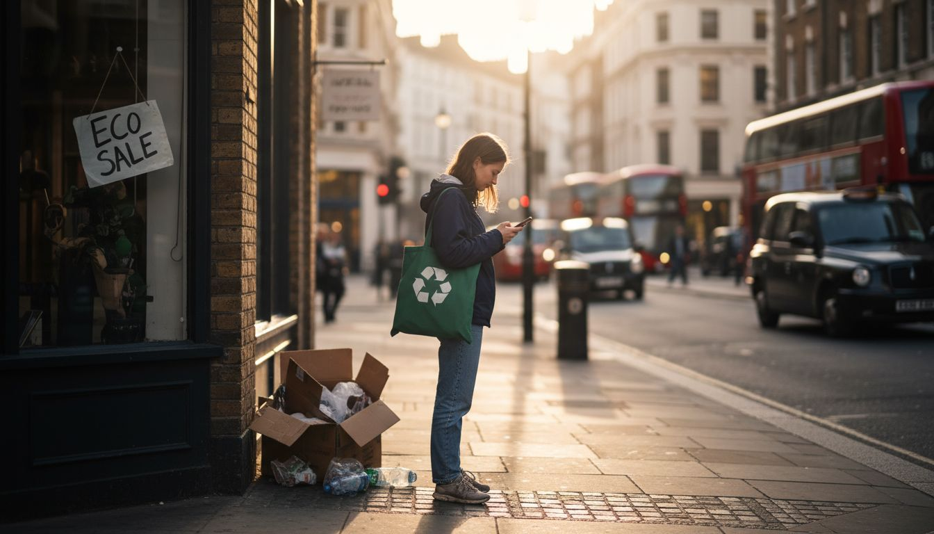 Eco conscious shopper outside urban boutique