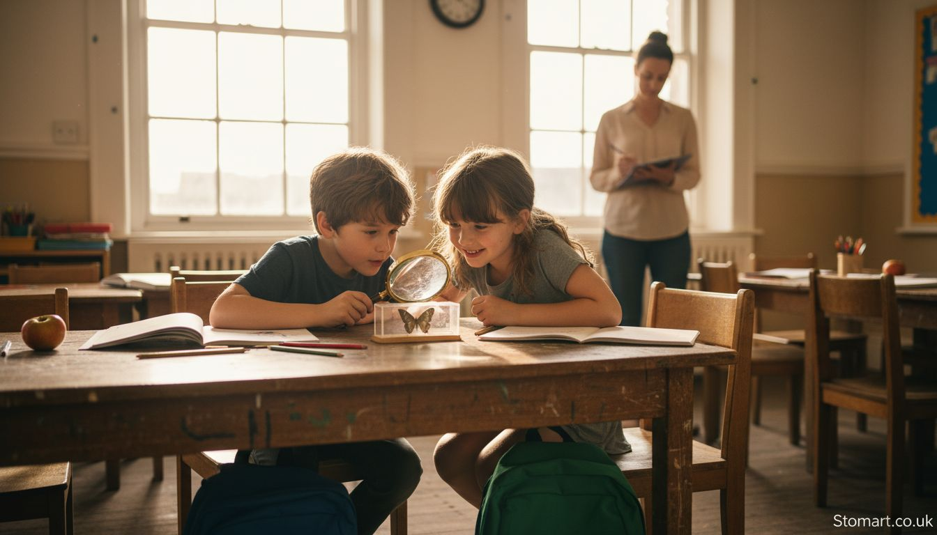 Children explore butterfly specimen in classroom
